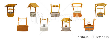 Water Well as Rustic Stone and Wood Structure Vector Set 113944579