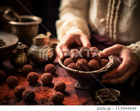 Round homemade chocolate truffles 113944946