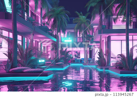 Neon lightened hotel lobby in synthwave style....のイラスト素材 [113945267 ...