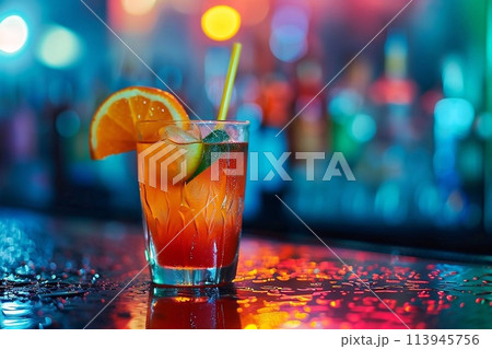 Cocktail in the bar on the background of the night club. Cocktail in the bar on the background of the night club. 113945756