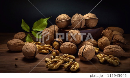 A harvest of walnuts lies on the table A harvest of walnuts lies on the table 113945943