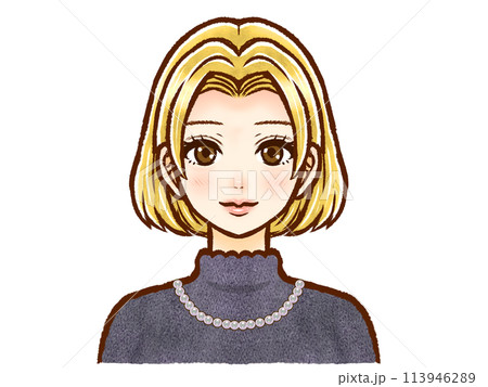 お洒落な金髪ボブヘアの大人女性のイラスト素材 113946289