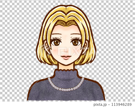 お洒落な金髪ボブヘアの大人女性のイラスト素材 113946289