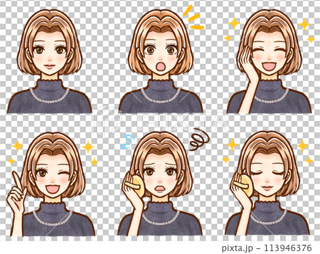 お洒落な茶髪ボブヘア大人女性のイラスト素材セット お洒落な茶髪ボブヘア大人女性のイラスト素材セット 113946376