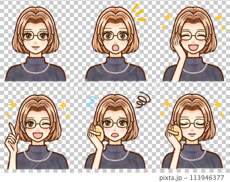 眼鏡をかけたお洒落な茶髪ボブヘア大人女性のイラスト素材セット 113946377