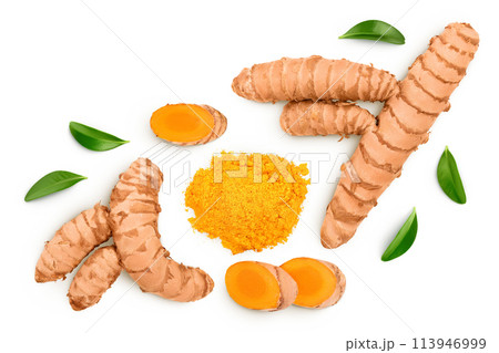 Turmeric powder and turmeric root isolated on white background. Top view. Flat lay Turmeric powder and turmeric root isolated on white background. Top view. Flat lay 113946999