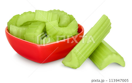 fresh celery in ceramic bowl isolated on white background with full depth of field 113947005