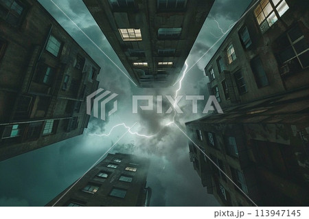 Lightning strikes the city. 113947145