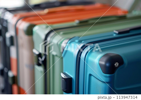 Colorful plastic travel suitcases in a row. 113947314