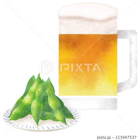 ビールと枝豆 水彩タッチ ビールと枝豆 水彩タッチ 113947537