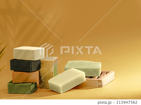 Handmade Soaps on yellow background. 113947562