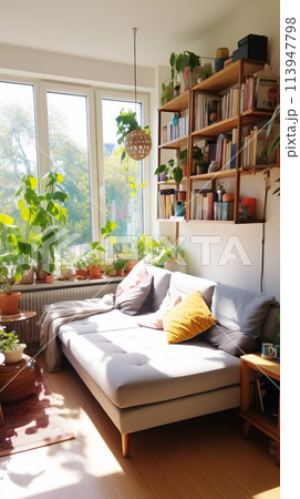 Cozy Sunlit Living Room With Bookshelves and Plants 113947798