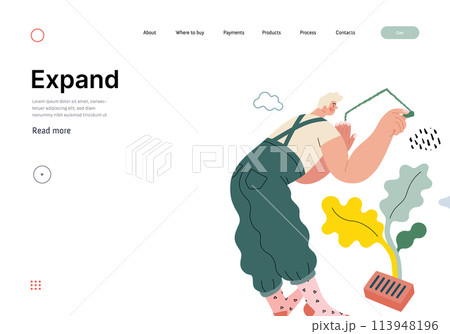 Life Unframed: Painter -modern flat vector concept illustration of a man drawing a house on the wall. Metaphor of unpredictability, imagination, whimsy, cycle of existence, play, growth and discovery 113948196