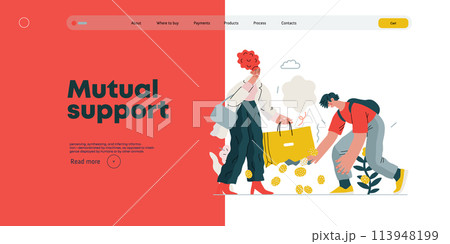 Mutual Support: Pick up fallen item -modern flat vector concept illustration of man collecting fruits that fell from woman's bag A metaphor of voluntary, collaborative exchanges of resource, services 113948199
