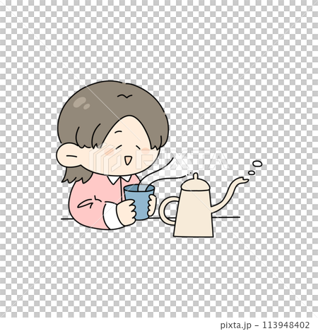 Illustration of a woman drinking hot water Illustration of a woman drinking hot water 113948402