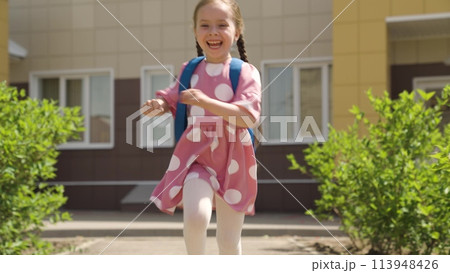 child kid girl daughter running school backpack, returning from school from lessons, children education school yard house running leg, fun with motion, elementary child fun, childhood enjoyment child kid girl daughter running school backpack, returning from school from lessons, children education school yard house running leg, fun with motion, elementary child fun, childhood enjoyment 113948426