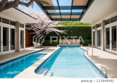 Indoor large modern swimming pool in a house or villa or holiday complex with large panoramic windows with a view of cherry blossoms 113948492