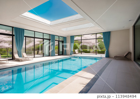 Indoor large modern swimming pool in a house or villa or holiday complex with large panoramic windows with a view of cherry blossoms 113948494