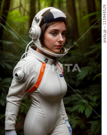 Futuristic woman astronaut in spacesuit and white-orange helmet in dense forest 113948529