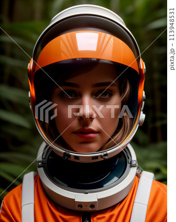 Futuristic woman astronaut in spacesuit and white-orange helmet in dense forest 113948531