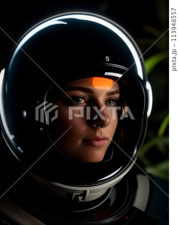 Futuristic woman astronaut in spacesuit and white-orange helmet in dense forest Futuristic woman astronaut in spacesuit and white-orange helmet in dense forest 113948557