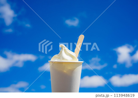 【食べ物素材】高原の濃厚ソフトクリームと青空【長野県】 113948619