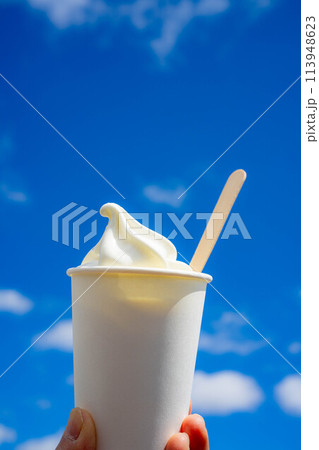 【食べ物素材】高原の濃厚ソフトクリームと青空【長野県】 113948623