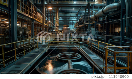 A large industrial building with a large water tank in the middle A large industrial building with a large water tank in the middle 113948900