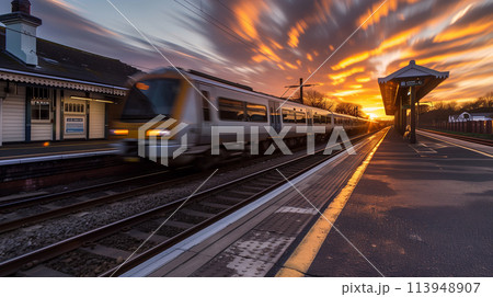 A train is traveling down the tracks at a train station A train is traveling down the tracks at a train station 113948907