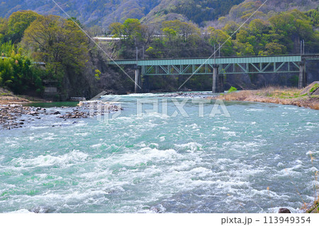 激流の利根川 上越線鉄橋 棚下不動付近の眺め 激流の利根川 上越線鉄橋 棚下不動付近の眺め 113949354