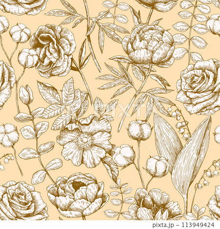Seamless pattern with peony and eucalyptus in victorian engraving style. Vector illustration. 113949424