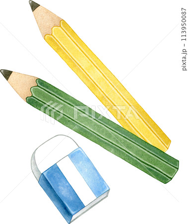 2本の鉛筆と消しゴムの水彩イラスト 113950087