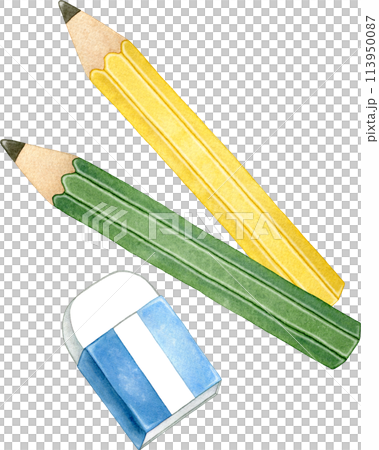 2本の鉛筆と消しゴムの水彩イラスト 113950087