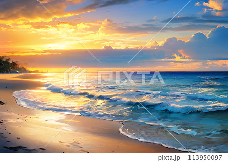 ヤシの木のある南国のビーチ　夕焼け 113950097