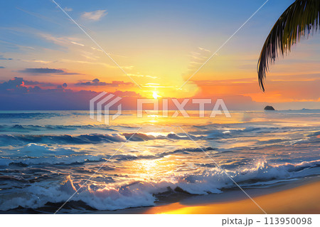 ヤシの木のある南国のビーチ　夕焼け 113950098