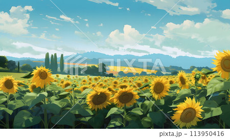 青空に輝くひまわり畑 No.049　AI生成画像 113950416