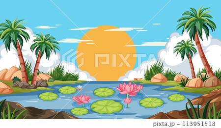 Tropical Sunset Over Tranquil River 113951518