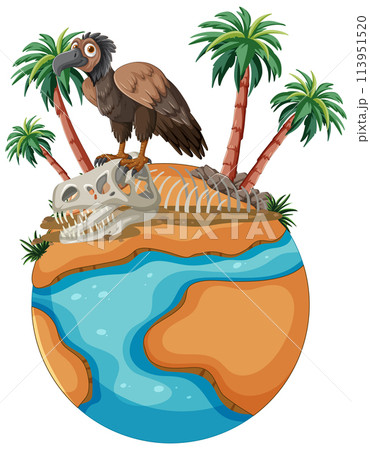 Vulture on Desert Island with Dinosaur Fossil 113951520