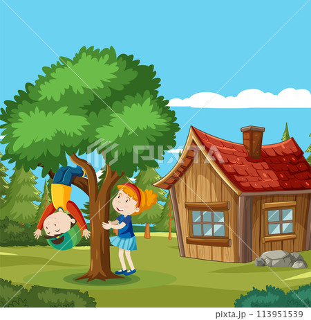 Joyful Children Playing Outside Wooden House 113951539