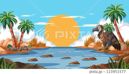 Tropical River Sunset with Perched Vulture Tropical River Sunset with Perched Vulture 113951577