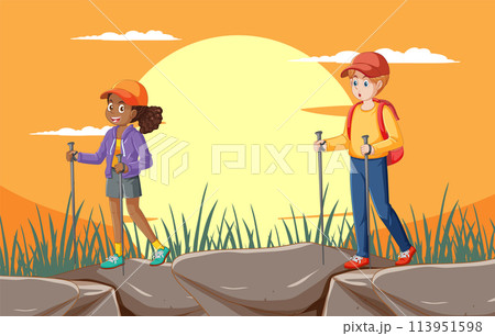 Young Hikers Enjoying a Sunset Adventure 113951598
