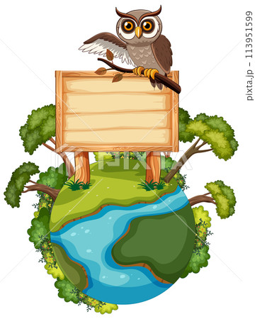 Wise Owl with Blank Sign on Earth 113951599