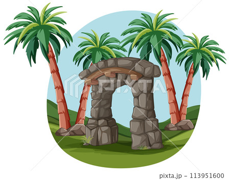 Tropical Stone Archway Amidst Palm Trees 113951600