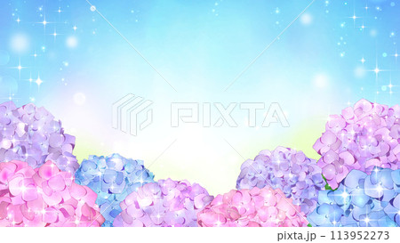 紫陽花と雨のフレーム背景　梅雨イメージ　16:9 113952273