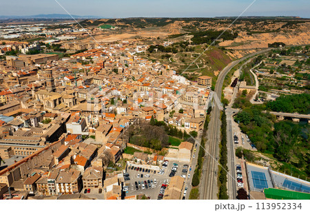 Drone view of Tudela on Ebro river with arched bridge and cathedral 113952334