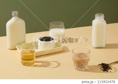 Beverage advertisement helps to provide energy daily day. Milk is a nutrient-rich fluid, coffee and tea helps to keep the spirit awake. Photo for designing with blank space Beverage advertisement helps to provide energy daily day. Milk is a nutrient-rich fluid, coffee and tea helps to keep the spirit awake. Photo for designing with blank space 113952478