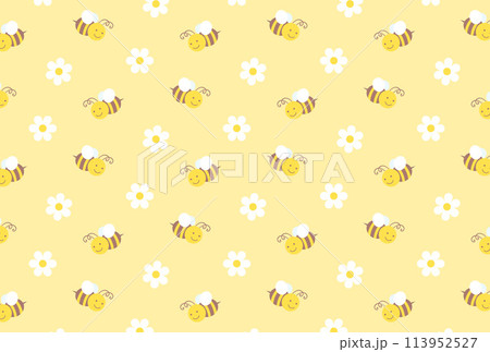 ミツバチと白い花のシームレスパターン ミツバチと白い花のシームレスパターン 113952527