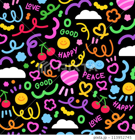 Illustration of colourful doodles with smiley, heart, cherry, cloud, flower, HAPPY, LOVE, GOOD, PEACE letters for background, wallpaper, backdrop, stickers, decoration, fabric print, post card Illustration of colourful doodles with smiley, heart, cherry, cloud, flower, HAPPY, LOVE, GOOD, PEACE letters for background, wallpaper, backdrop, stickers, decoration, fabric print, post card 113952745
