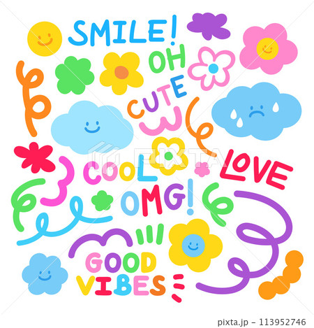 Illustration of colourful doodles with smiley, cloud, flower, SMILE, LOVE, CUTE, GOOD VIBES letters for background, wallpaper, backdrop, stickers, decoration, fabric print, spring, summer, rainy Illustration of colourful doodles with smiley, cloud, flower, SMILE, LOVE, CUTE, GOOD VIBES letters for background, wallpaper, backdrop, stickers, decoration, fabric print, spring, summer, rainy 113952746