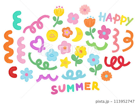 Illustration of cute summer doodles in crayon with flowers, heart, confetti for spring, summer, picnic, nature, garden, floral print, cute icon, stickers, decoration, fabric, colourful clip arts Illustration of cute summer doodles in crayon with flowers, heart, confetti for spring, summer, picnic, nature, garden, floral print, cute icon, stickers, decoration, fabric, colourful clip arts 113952747